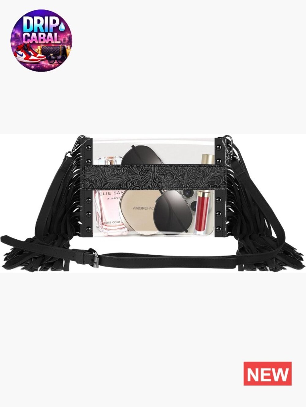 Clear Western Purse with Leather Fringe Trim, Tassel Design, Transparent